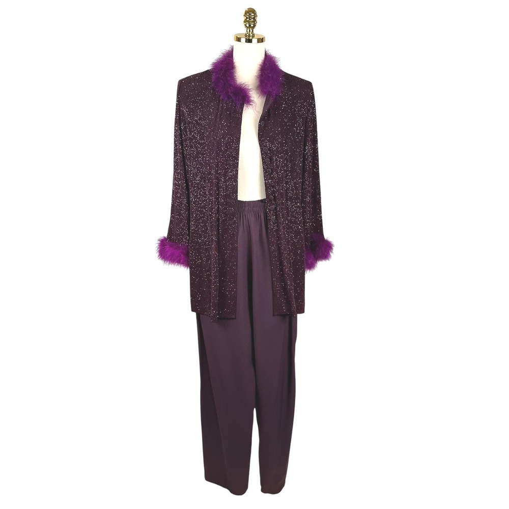 Vintage R&M Richards Purple Glitter Duster Pant Set Fur Trim 70s Disco Lounge 2p